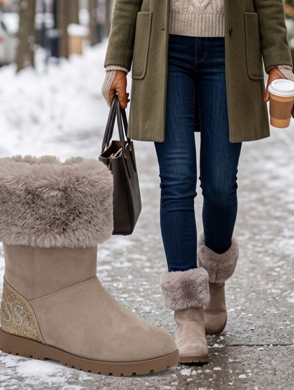 Guess Women's Beige Fur-Trimmed Wedge Boots with Gold Accents 9.5